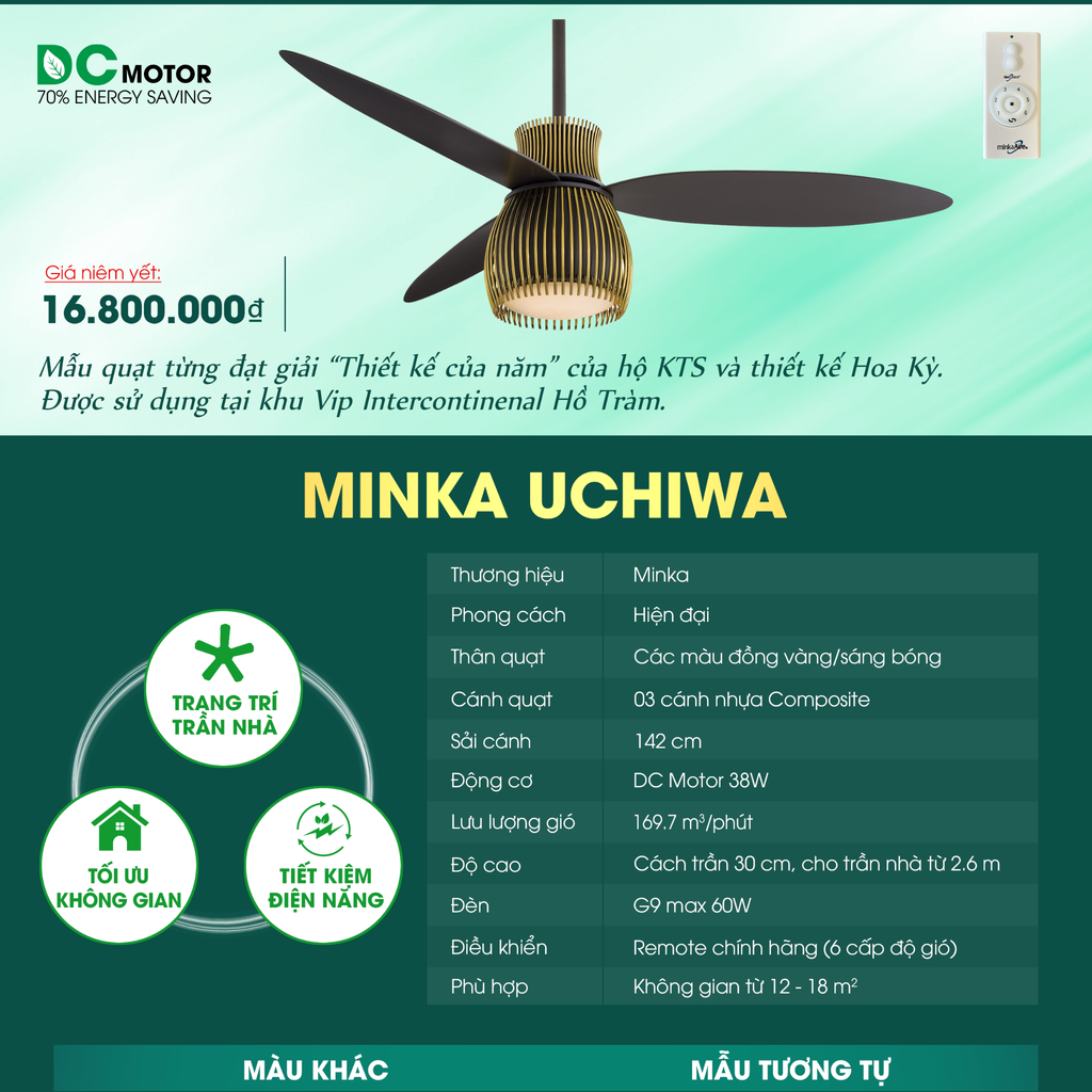 Quạt trần đèn Mỹ Minka Uchiwa 3 cánh 142cm 38w DC