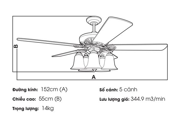 Quạt trần đèn Nhật Bản Kaiyo Kukan 5 cánh D152cm 50W DC AKI 522 ORB