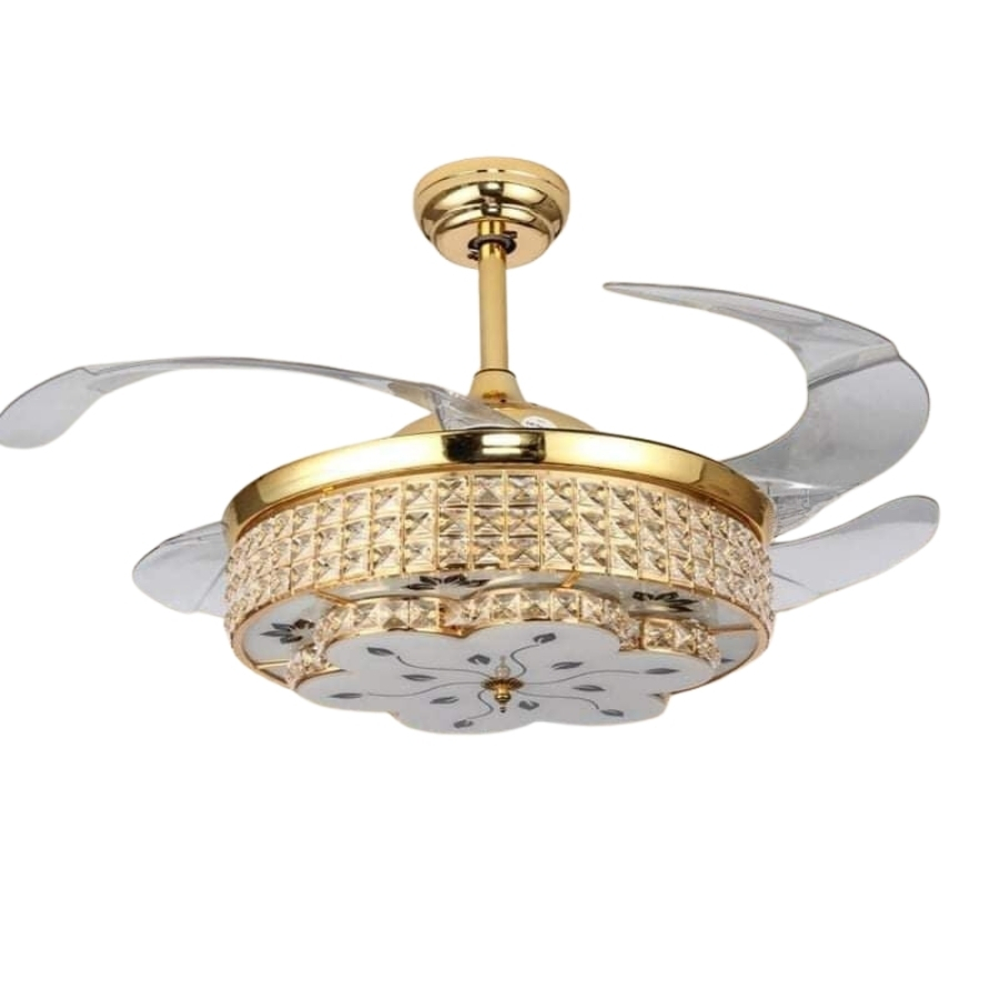 Quạt trần đèn thu cánh pha lê 4 cánh 107cm 45w DC F8206-42 VLQTTC-203