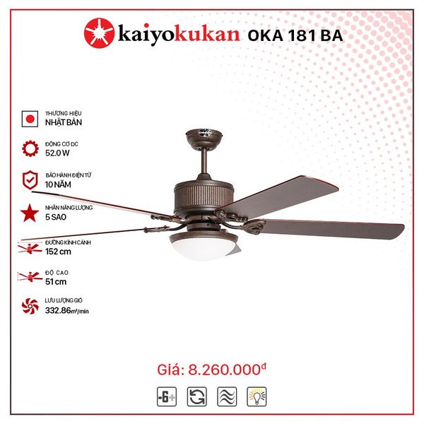 Quạt trần đèn Nhật Bản Kaiyo Kukan 5 cánh D152cm 52W DC OKA 181 BA