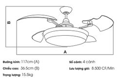 Quạt trần đèn thu cánh Nhật Bản Kaiyo Kukan 4 cánh D117cm 52W DC TOYA 214 WH