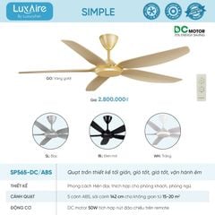 Quạt trần Đài Loan Luxaire Simple 5 cánh 142cm 50w DC SP565-DC-ABS