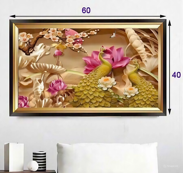 Đèn tranh led trang trí chim công, hoa sen 3 chế độ ánh sáng KT D60xH40cm 55517, VLDETL-032