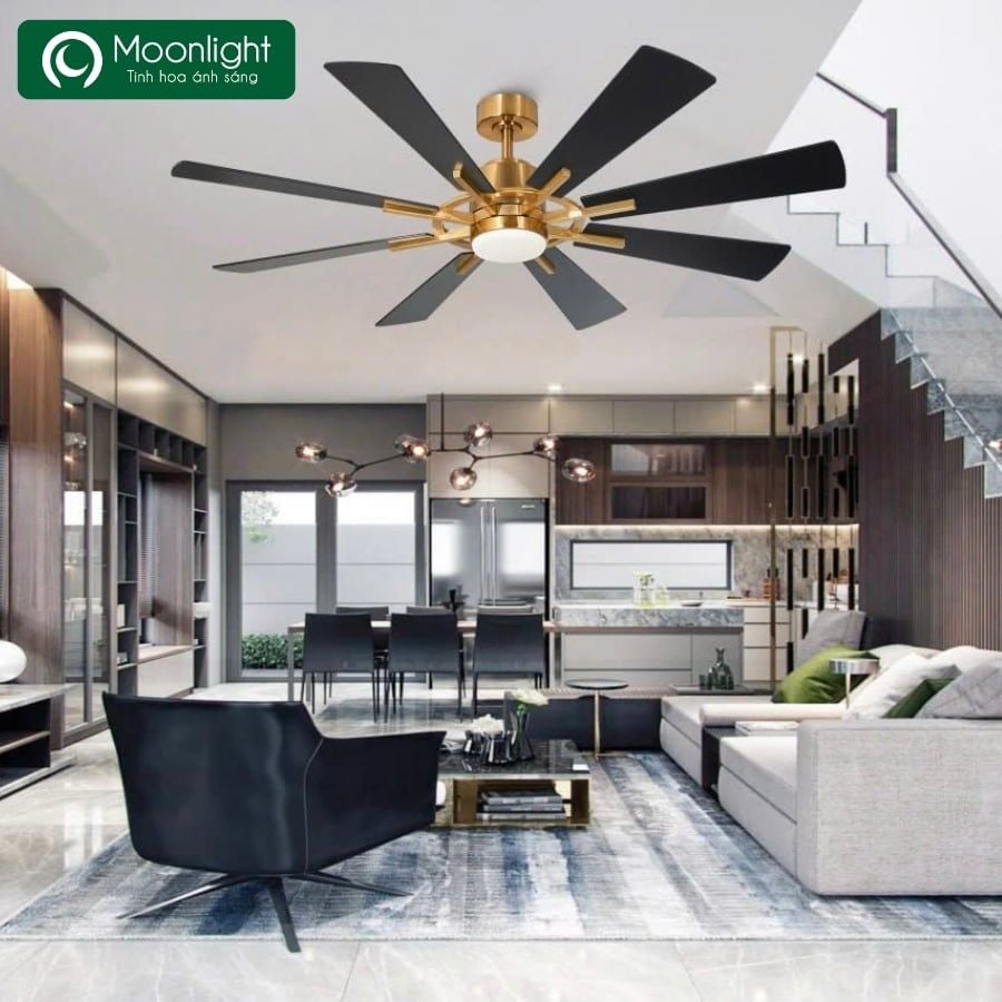 Quạt trần Đài Loan Luxaire X8 thân màu mạ kền 8 cánh gỗ plywood 55w DC 152cm led 3 màu 15w LUXAIRE X8
