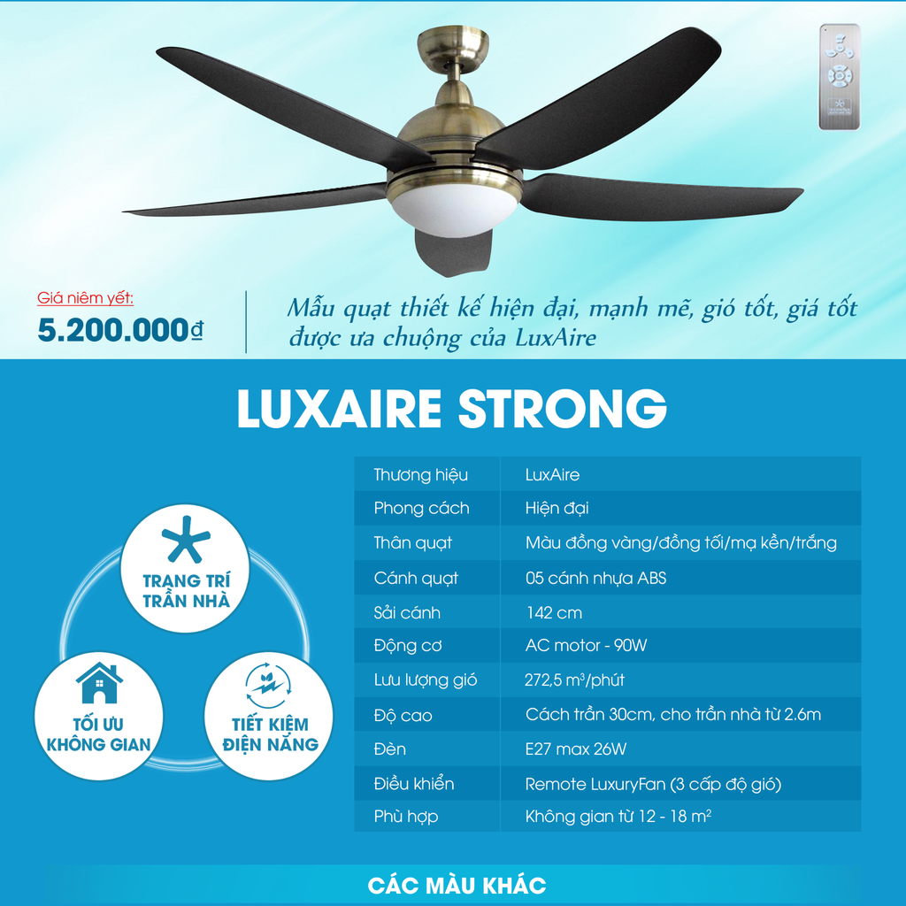 Quạt trần đèn Đài Loan Luxaire Strong 5 cánh 142cm 90w AC