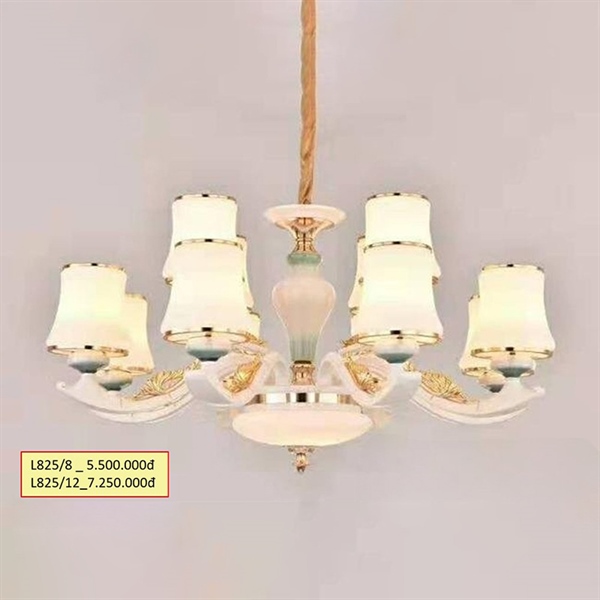 Đèn chùm hợp kim 8 tay, chao thủy tinh đui E27 (giá không bóng) L825-8 HTCHHK-025-AA