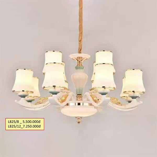 Đèn chùm hợp kim 8 tay, chao thủy tinh đui E27 (giá không bóng) L825-8 HTCHHK-025-AA