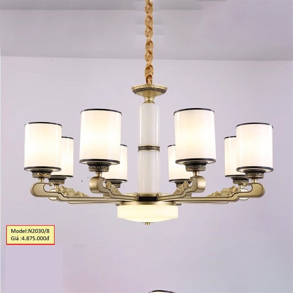 Đèn chùm hợp kim 8 tay, chao thủy tinh đui E27 (giá không bóng) N2030-8 HTCHHK-021-AA