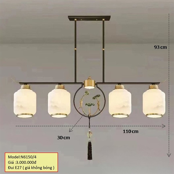 Đèn chùm hợp kim 4 chao thủy tinh đui E27 (giá không bóng) N6150 HTCHHK-020