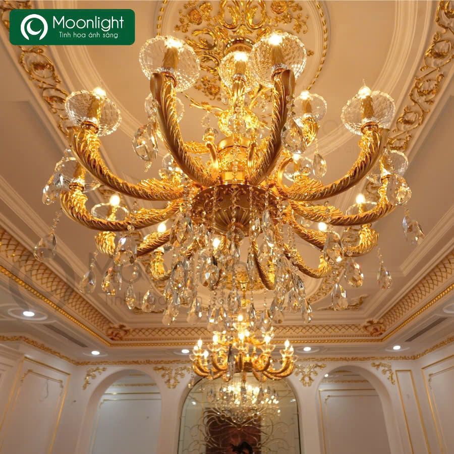 Đèn chùm đồng tay phượng mạ vàng 24k kết hợp pha lê K9 18 tay D1400xH1100 VLCHDO-289