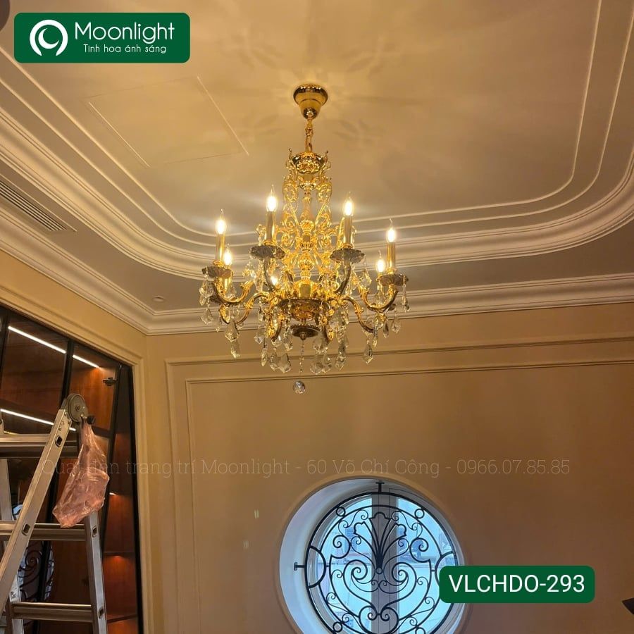 Đèn chùm đồng 8 tay nến mạ vàng 24K kết hợp pha lê K9 VLCHDO-293