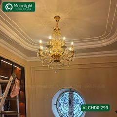 Đèn chùm đồng 8 tay nến mạ vàng 24K kết hợp pha lê K9 VLCHDO-293