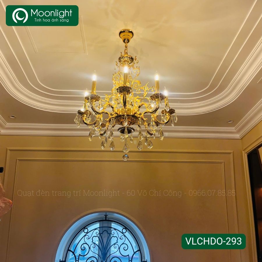 Đèn chùm đồng 8 tay nến mạ vàng 24K kết hợp pha lê K9 VLCHDO-293