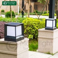 Đèn trụ cổng vuông hàng rào năng lượng mặt trời màu đen D15, H19cm HTNTTC-010
