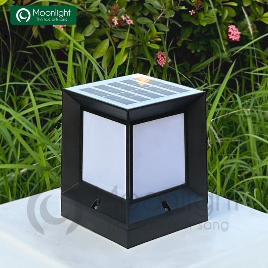 Đèn trụ cổng vuông hàng rào năng lượng mặt trời màu đen D15, H19cm HTNTTC-010
