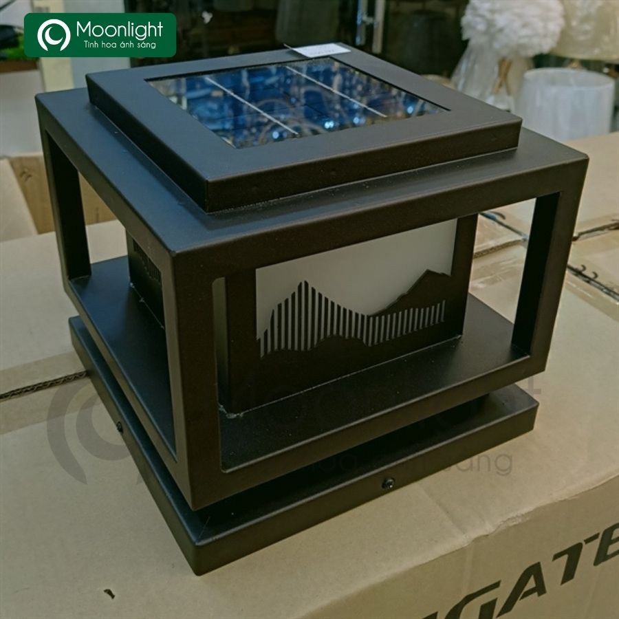 Đèn trụ cổng hàng rào năng lượng mặt trời 3 màu ánh sáng TC03 vuông đen D220, 4.5W 5200mAh VLNTTC-043
