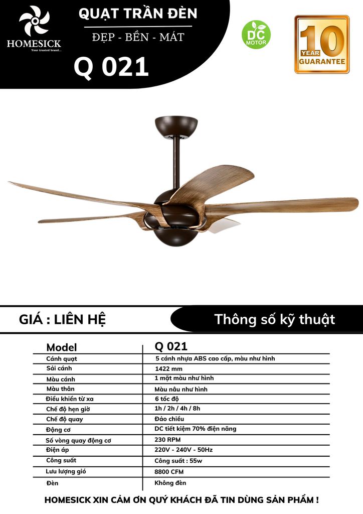 Quạt trần Homesick 5 cánh 142cm 55w DC Q021 VLQTHO-031