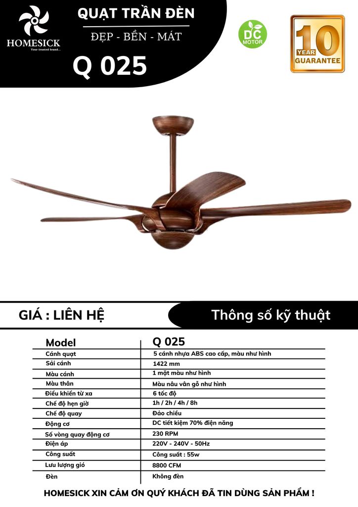 Quạt trần Homesick 5 cánh 142cm 55w DC Q025 VLQTHO-033