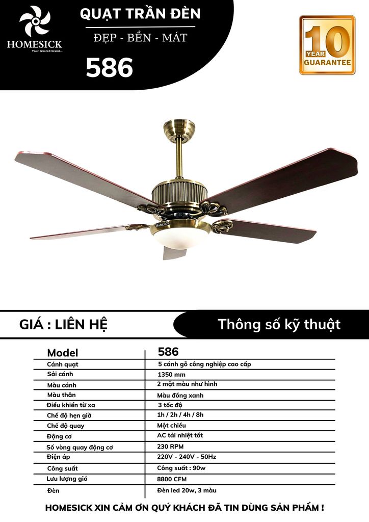 Quạt trần đèn Homesick 5 cánh 135cm 90w AC 586 VLQTHO-035