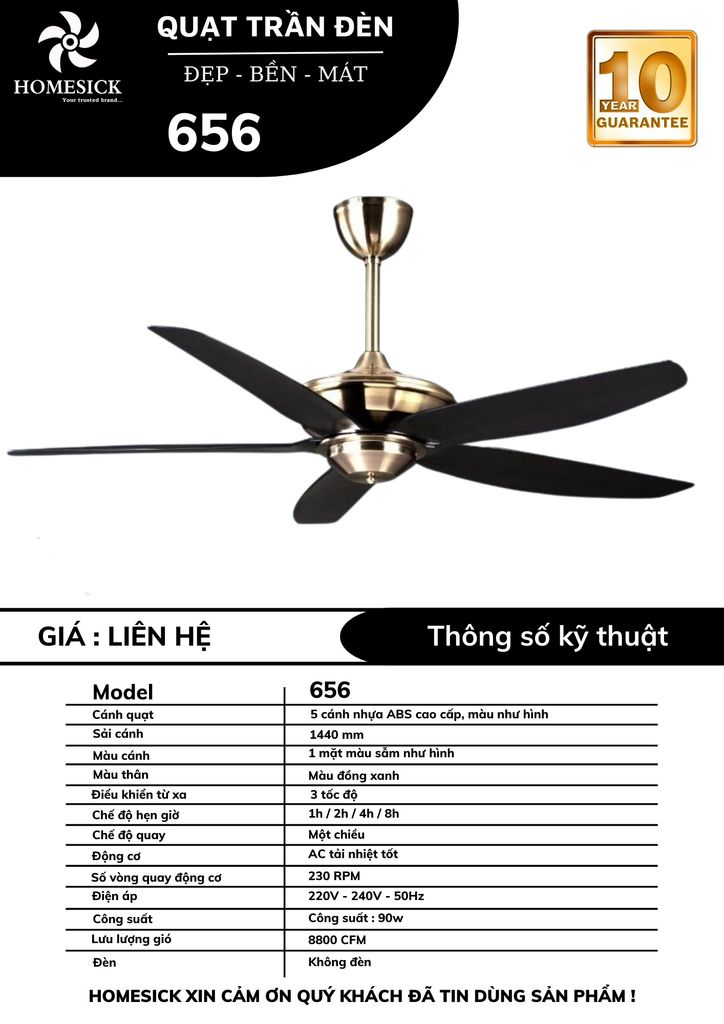 Quạt trần Homesick 5 cánh 144cm 90w AC 656 VLQTHO-037