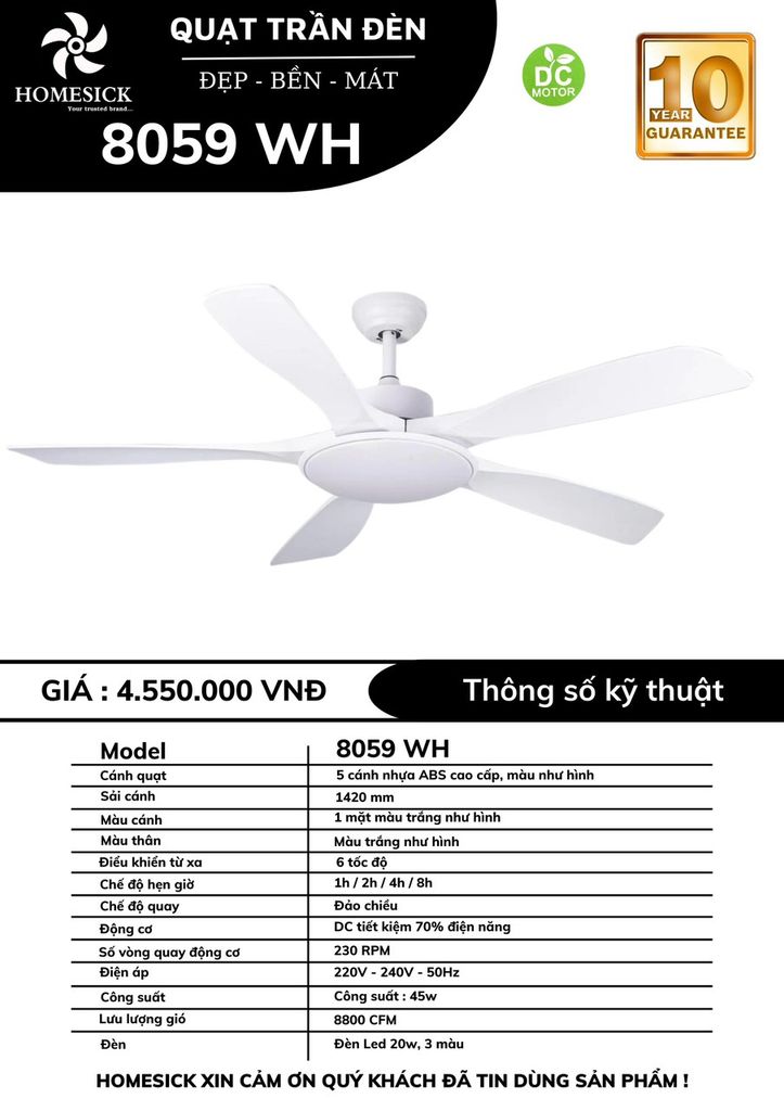 Quạt trần đèn Homesick 5 cánh màu trắng 142cm 45w DC 8059 WH VLQTHO-038