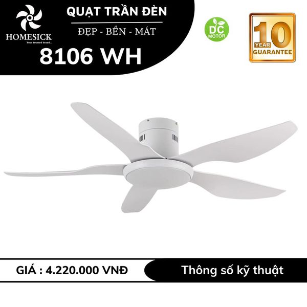 Quạt trần đèn Homesick 5 cánh màu trắng 137cm 45w DC 8106 WH VLQTHO-039-WH