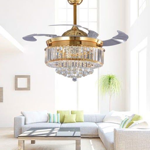 Quạt trần đèn thu cánh pha lê 4 cánh 107cm 45w DC Y42-8570GU VLQTTC-311