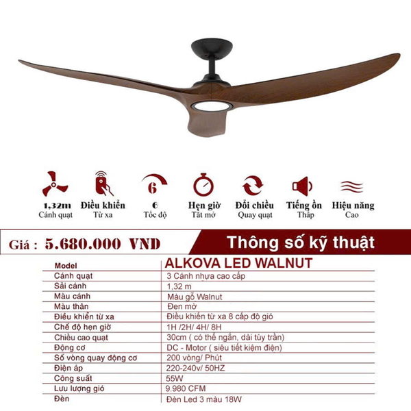 Quạt trần Alkova LED Walnut 3 cánh thân màu đen cánh màu vân gỗ tối sải cánh 132cm động cơ DC 45W VLQTTQ-274-BK