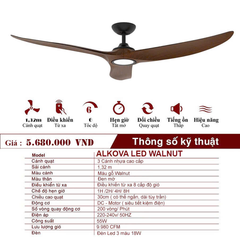 Quạt trần Alkova LED Walnut 3 cánh thân màu đen cánh màu vân gỗ tối sải cánh 132cm động cơ DC 45W VLQTTQ-274-BK