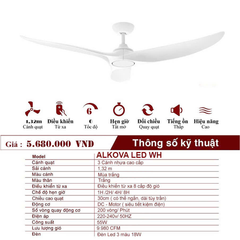 Quạt trần Alkova LED WH 3 cánh thân và cánh màu trắng sải cánh 132cm động cơ DC 45W, VLQTTQ-274-WH2
