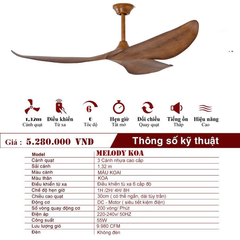 Quạt trần MELODY KOA 3 cánh nhựa màu gỗ sải cánh 132cm động cơ DC 55W, VLQTTQ-283