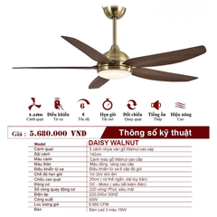 Quạt trần Daisy Walnut 5 cánh nhựa màu vân gỗ sải cánh 142cm động cơ DC 55W, VLQTTQ-284