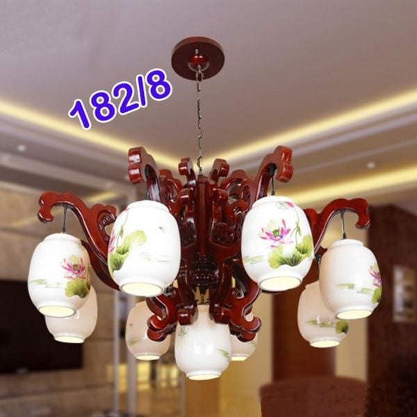 Đèn thả gỗ 8 chao gốm VLTHGO-016