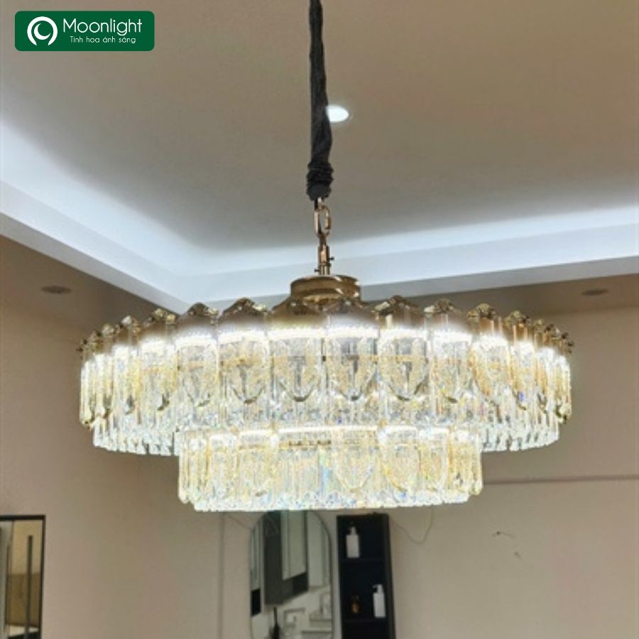Đèn thả pha lê tròn 2 tầng viên pha lê chữ nhật VLTHPL-774