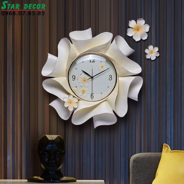 Decor đồng hồ trang trí phòng khách hoa sứ trắng ML_231