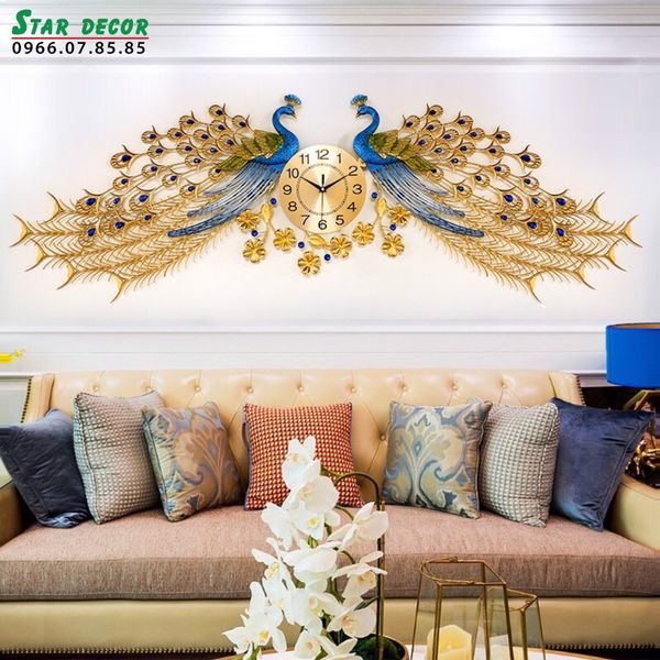 Decor đồng hồ trang trí phòng khách 2 con công xanh navi cỡ lớn ML_232