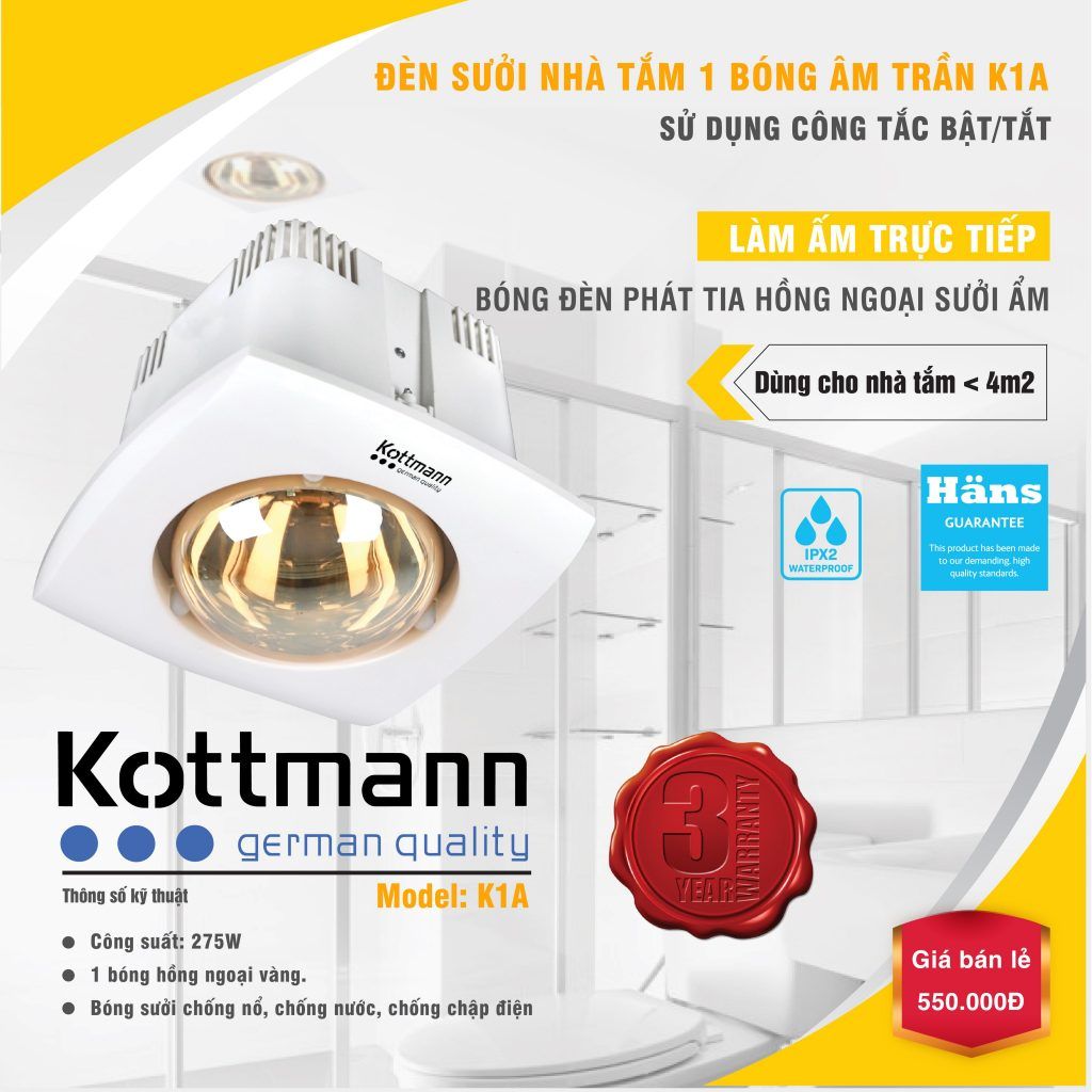 Đèn sưởi nhà tắm 1 bóng âm trần Kottmann dùng công tắc K1A