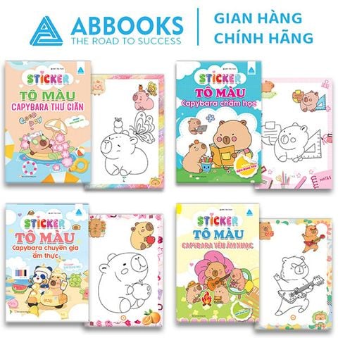 Sách Tô Màu - Sticker - Capybara Chăm Học, Capybara Thư Giãn, Capybara Yêu Âm Nhạc, Capybara Chuyên Gia Ẩm Thực