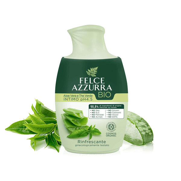 Dung dịch vệ sinh phụ nữ hữu cơ Ý Felce Azzurra Bio 250ml, hương trà xanh, nha đam, dùng hàng ngày độ pH4,5