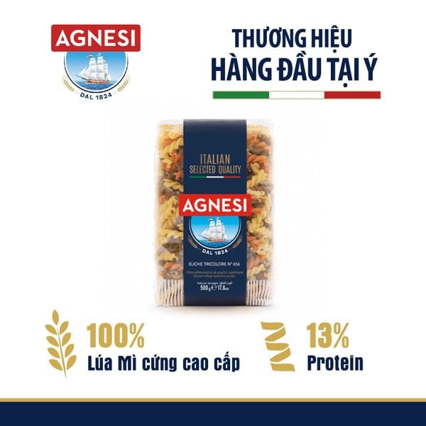 Nui xoắn 3 màu Eliche Tricolori Agnesi 500g, dùng lúa mì durum cao cấp giữ sốt, không gãy và dính