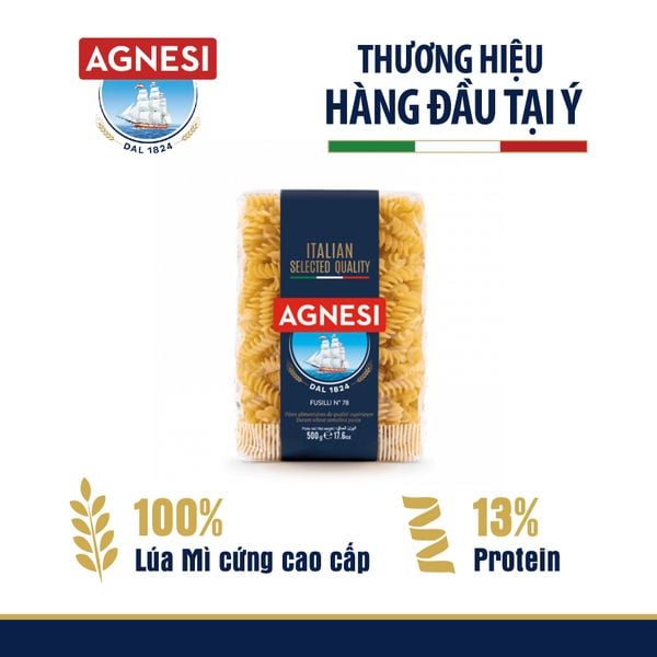 Nui xoắn Fussili Agnesi 500g, dùng lúa mì durum cao cấp giữ sốt, không gãy và dính