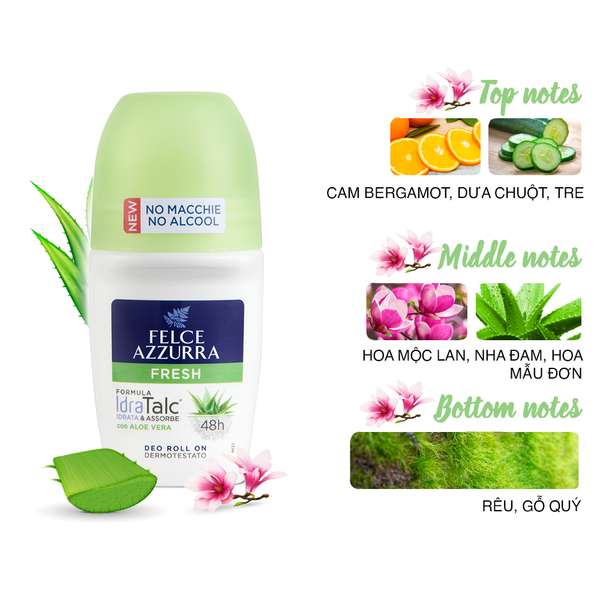 Lăn khử mùi 48h hương nước hoa Ý Felce Azzurra 50ml, tinh chất nha đam và dưa chuột tươi mát