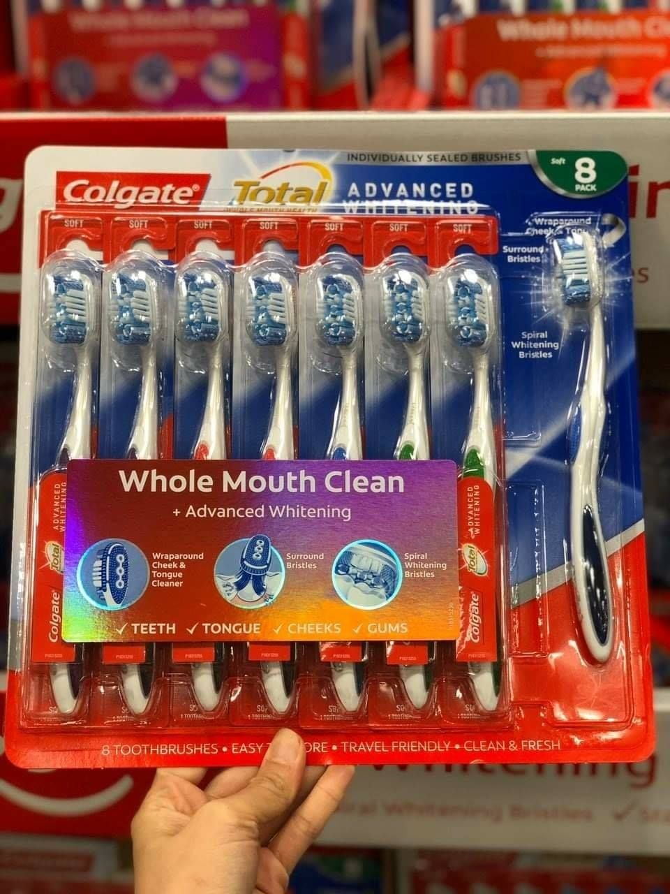  Bàn chải đánh răng Colgate Total Whitening Medium Whole Mouth Clean Lốc 8 cây hàng Mỹ 
