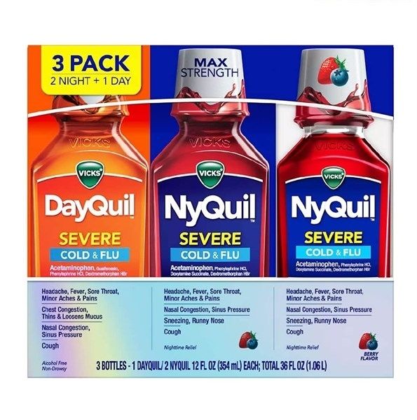  SET 3 CHAI SIRO TRỊ HO CẢM SỐT VICKS NI SEVERE DAYQUIL AND NYQUIL COUGH, COLD & FLU RELIEF, 36 OZ LIQUID 