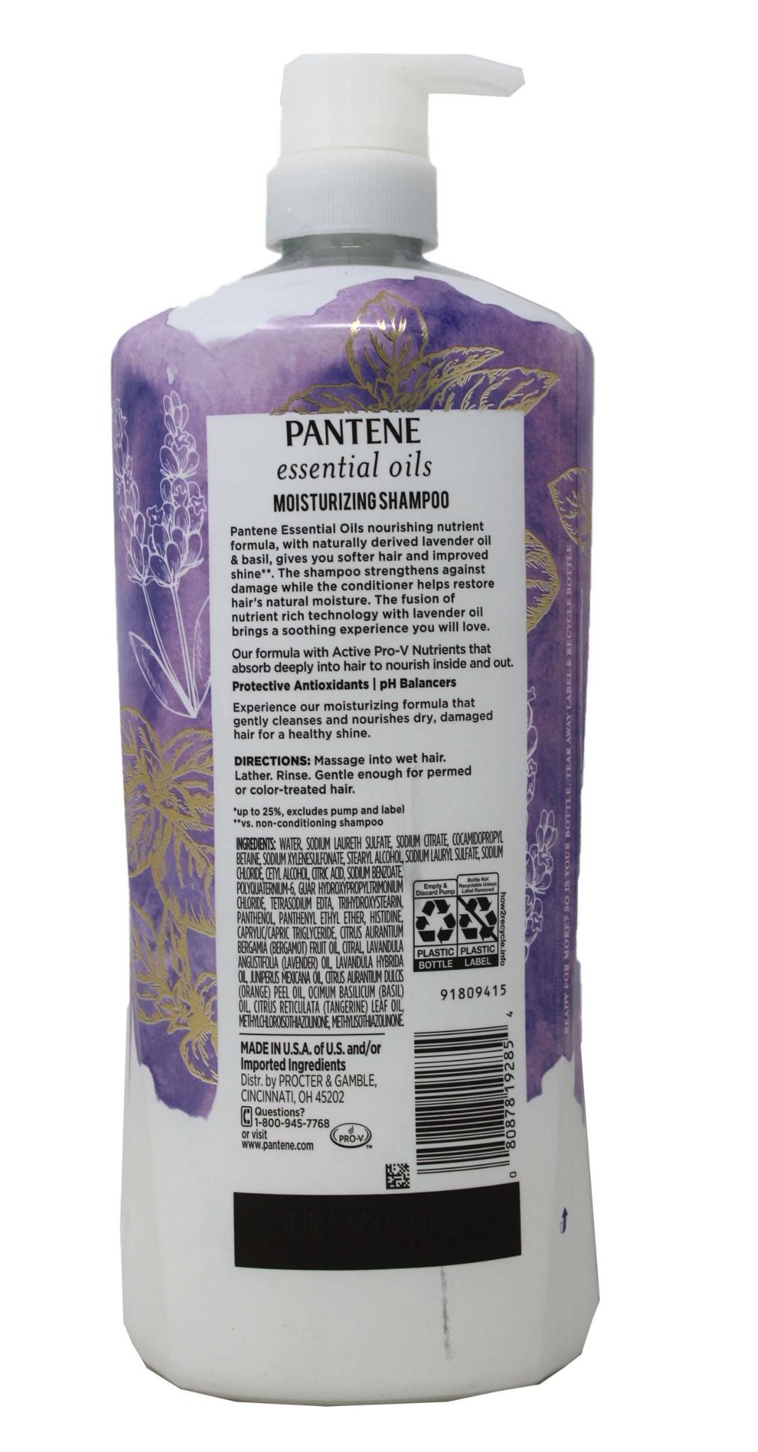  Dầu Gội Pantene Essential Oils Moisturizing Lavender Oil & Basil 1.13L 