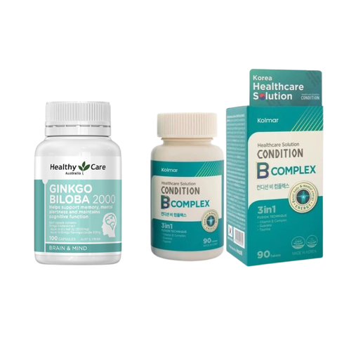 Combo Giảm Stress, Bổ Não, Bổ Sung Vitamin Nhóm B Healthy Care Ginkgo & Kolmar B Complex