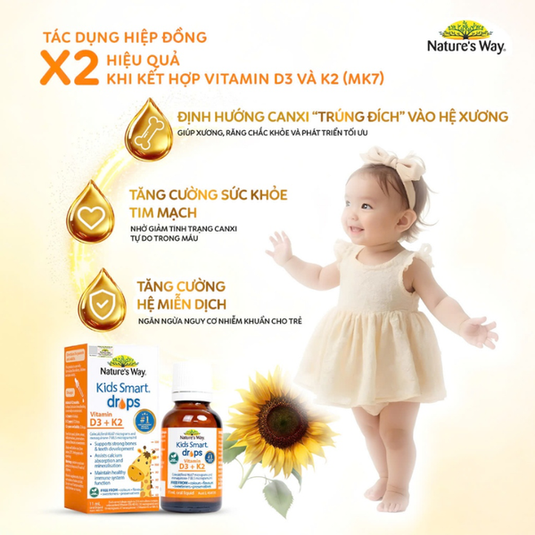 Nature's Way Kids Smart Dạng Giọt D3K2 Hỗ Trợ Hấp Thu Canxi Cho Xương Răng Chắc Khỏe Cho Trẻ 11ml