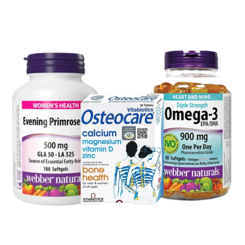 Combo Hỗ Trợ Giảm Đau Bụng Kinh, Bổ Sung Sắt, Omega 6, Canxi, Magie Và Vitamin D Webber Omega 3, Webber Hoa Anh Thảo & Vitabiotics Osteocare