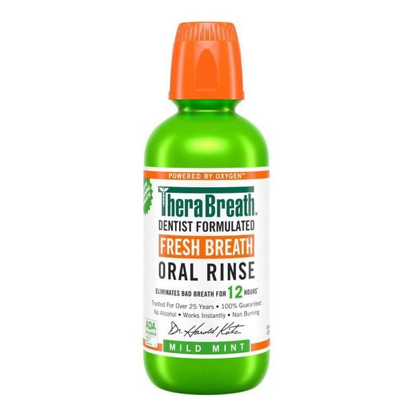 TheraBreath Nước Súc Miệng Hương Bạc Hà Dịu Nhẹ Không Cồn, Không Cay Rát Mind Mint Ngăn Ngừa Sâu Răng, Giảm Vôi Răng Cao Răng Chai 473ml