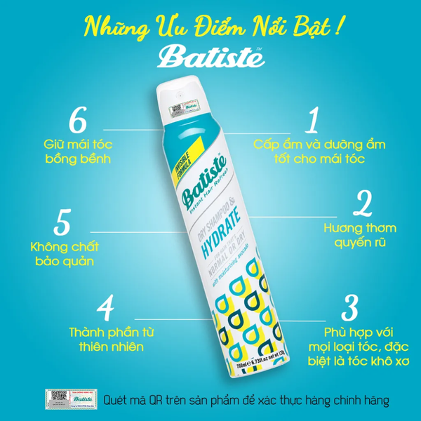 Batiste Dầu Gội Khô Cấp Ẩm Cho Tóc Khô Xơ Dry Shampoo & Hydrate 200ml